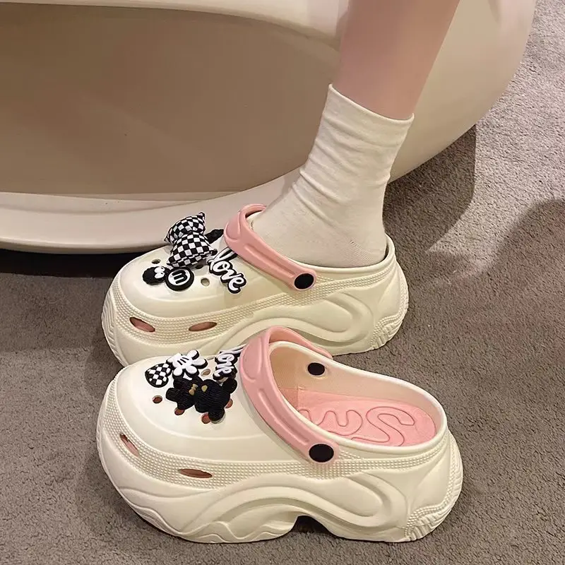 Winter Super Thick fleece-lined Thick-soled Women's High Heel Cotton Hole Shoes Cartoon Indoor and Outdoor Two-wear Slip-on Cotton Slippers