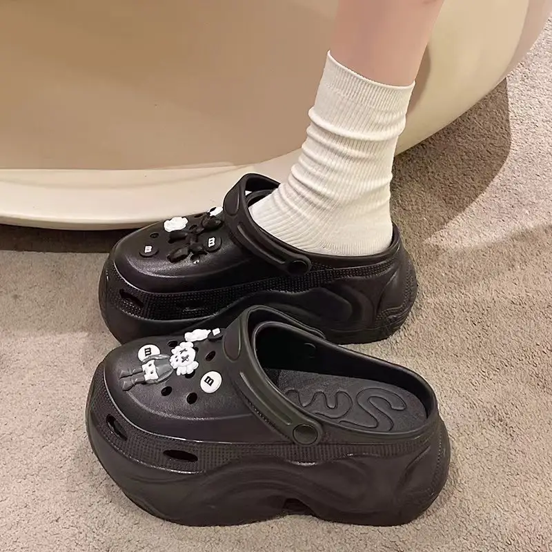 Winter Super Thick fleece-lined Thick-soled Women's High Heel Cotton Hole Shoes Cartoon Indoor and Outdoor Two-wear Slip-on Cotton Slippers