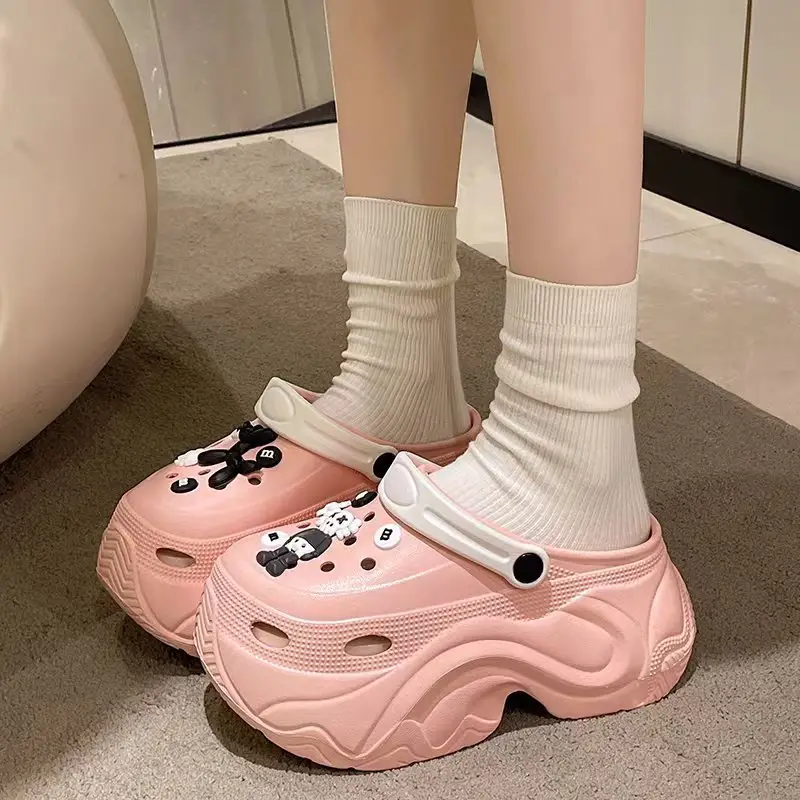 Winter Super Thick fleece-lined Thick-soled Women's High Heel Cotton Hole Shoes Cartoon Indoor and Outdoor Two-wear Slip-on Cotton Slippers