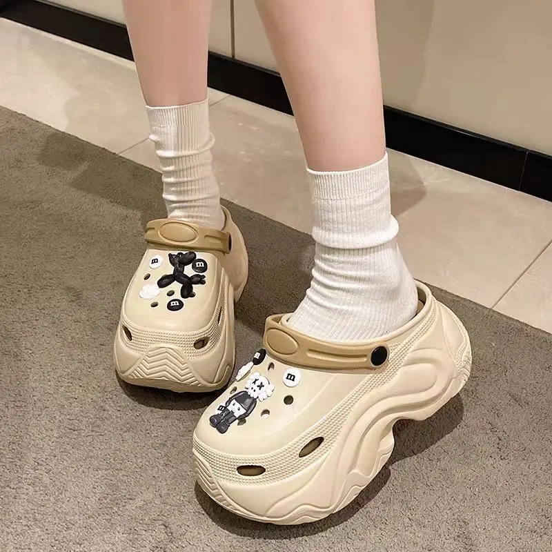 Winter Super Thick fleece-lined Thick-soled Women's High Heel Cotton Hole Shoes Cartoon Indoor and Outdoor Two-wear Slip-on Cotton Slippers