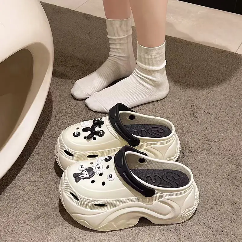 Winter Super Thick fleece-lined Thick-soled Women's High Heel Cotton Hole Shoes Cartoon Indoor and Outdoor Two-wear Slip-on Cotton Slippers