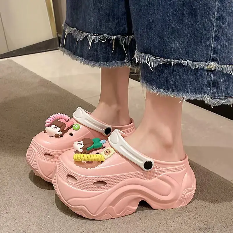 Winter Super Thick fleece-lined Thick-soled Women's High Heel Cotton Hole Shoes Cartoon Indoor and Outdoor Two-wear Slip-on Cotton Slippers