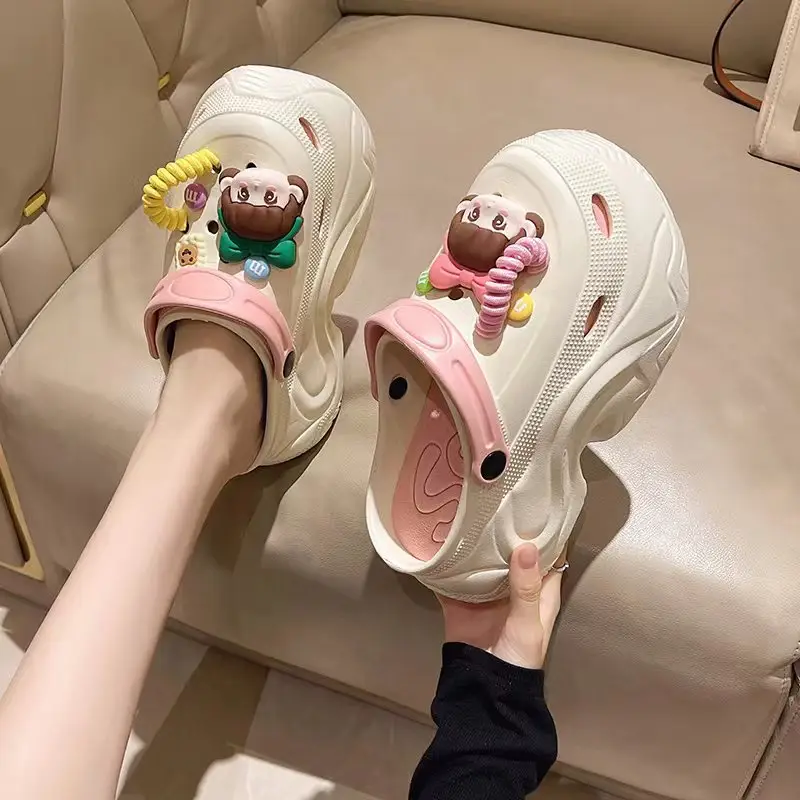 Winter Super Thick fleece-lined Thick-soled Women's High Heel Cotton Hole Shoes Cartoon Indoor and Outdoor Two-wear Slip-on Cotton Slippers