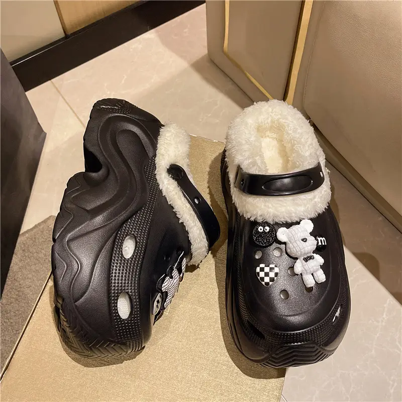 Winter Super Thick fleece-lined Thick-soled Women's High Heel Cotton Hole Shoes Cartoon Indoor and Outdoor Two-wear Slip-on Cotton Slippers
