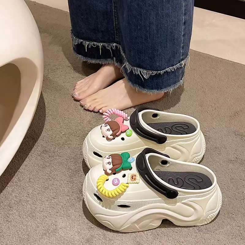 Winter Super Thick fleece-lined Thick-soled Women's High Heel Cotton Hole Shoes Cartoon Indoor and Outdoor Two-wear Slip-on Cotton Slippers
