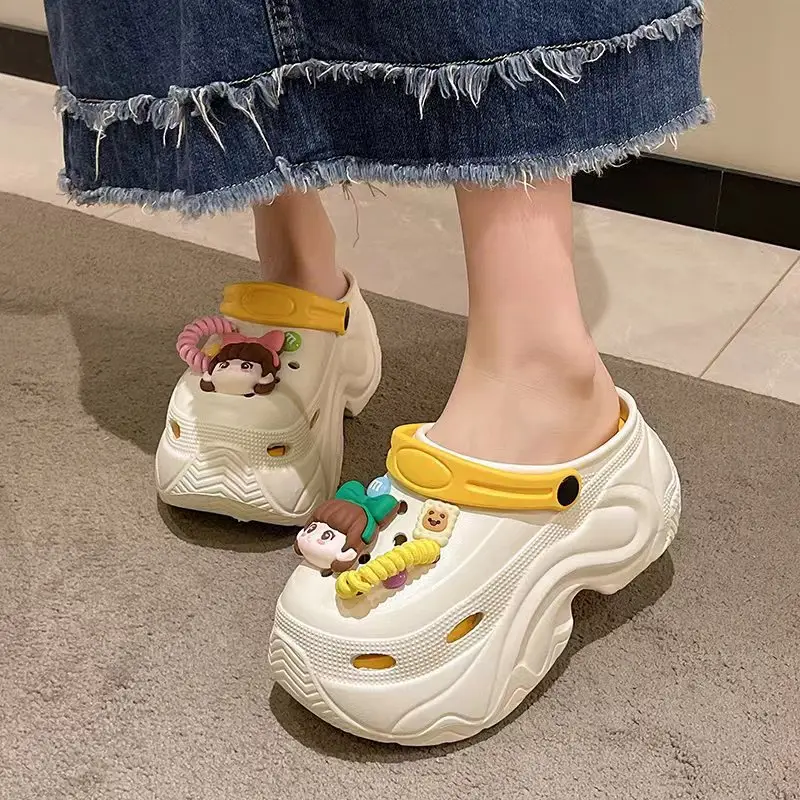 Winter Super Thick fleece-lined Thick-soled Women's High Heel Cotton Hole Shoes Cartoon Indoor and Outdoor Two-wear Slip-on Cotton Slippers
