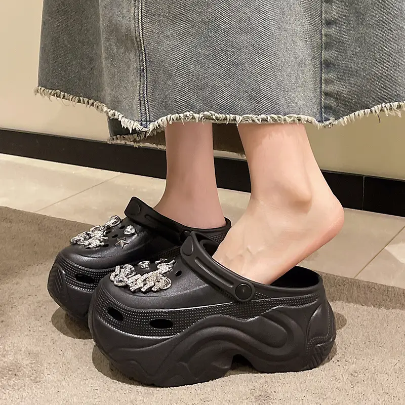 Winter Super Thick fleece-lined Thick-soled Women's High Heel Cotton Hole Shoes Cartoon Indoor and Outdoor Two-wear Slip-on Cotton Slippers