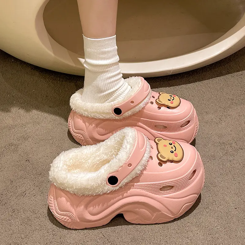 Winter Super Thick fleece-lined Thick-soled Women's High Heel Cotton Hole Shoes Cartoon Indoor and Outdoor Two-wear Slip-on Cotton Slippers