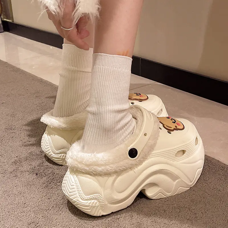 Winter Super Thick fleece-lined Thick-soled Women's High Heel Cotton Hole Shoes Cartoon Indoor and Outdoor Two-wear Slip-on Cotton Slippers
