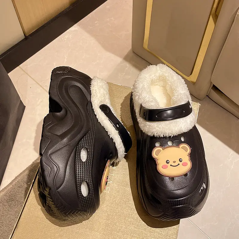 Winter Super Thick fleece-lined Thick-soled Women's High Heel Cotton Hole Shoes Cartoon Indoor and Outdoor Two-wear Slip-on Cotton Slippers