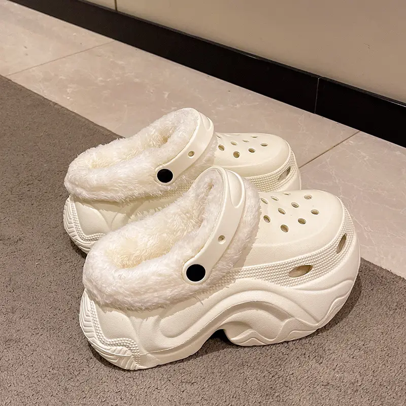 Winter Super Thick fleece-lined Thick-soled Women's High Heel Cotton Hole Shoes Cartoon Indoor and Outdoor Two-wear Slip-on Cotton Slippers