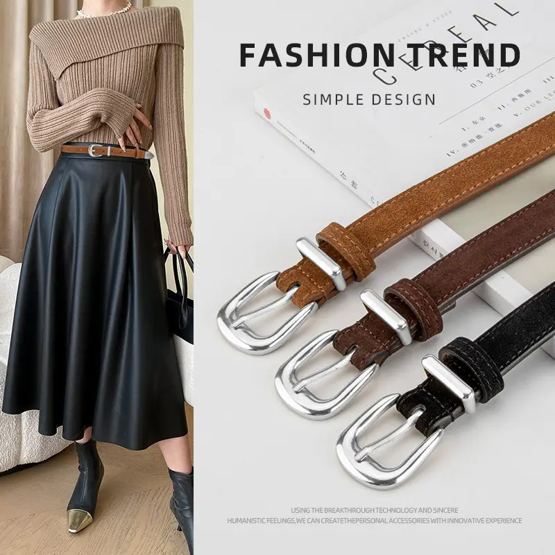 Women's Red Frosted Leather Belt with Pin Buckle - Image 12