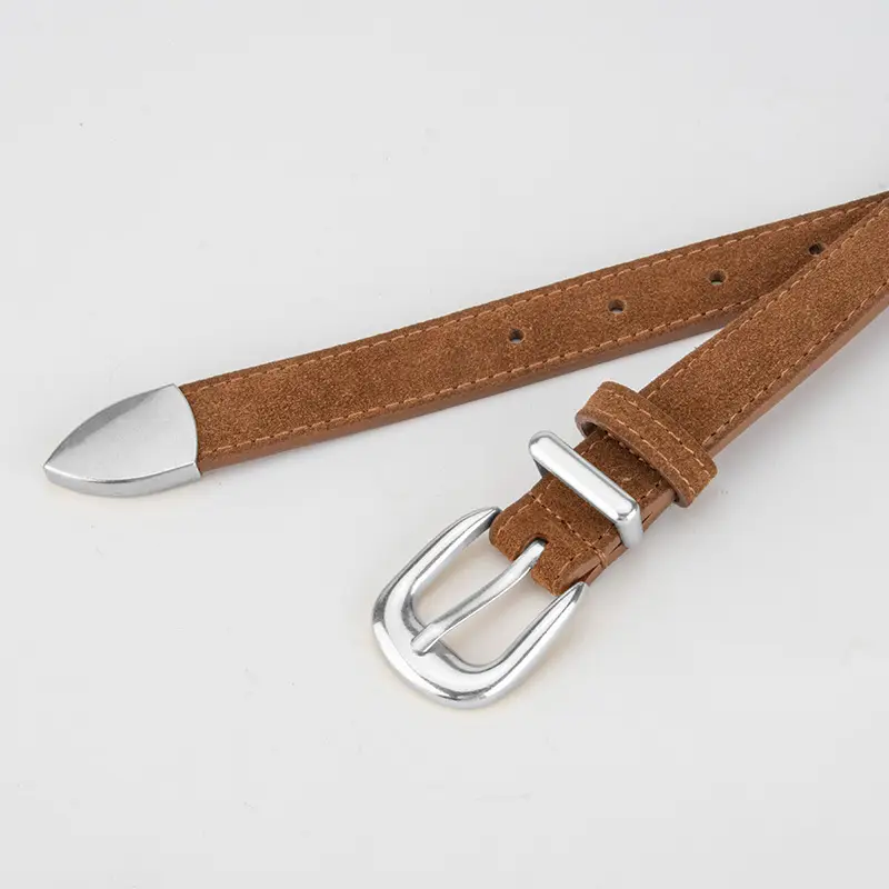 Women's Red Frosted Leather Belt with Pin Buckle - Image 14