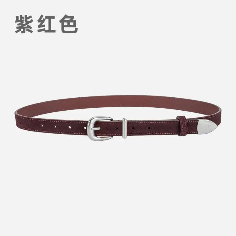 Women's Red Frosted Leather Belt with Pin Buckle - Image 11