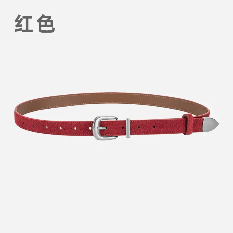 Women's Red Frosted Leather Belt with Pin Buckle - Image 2