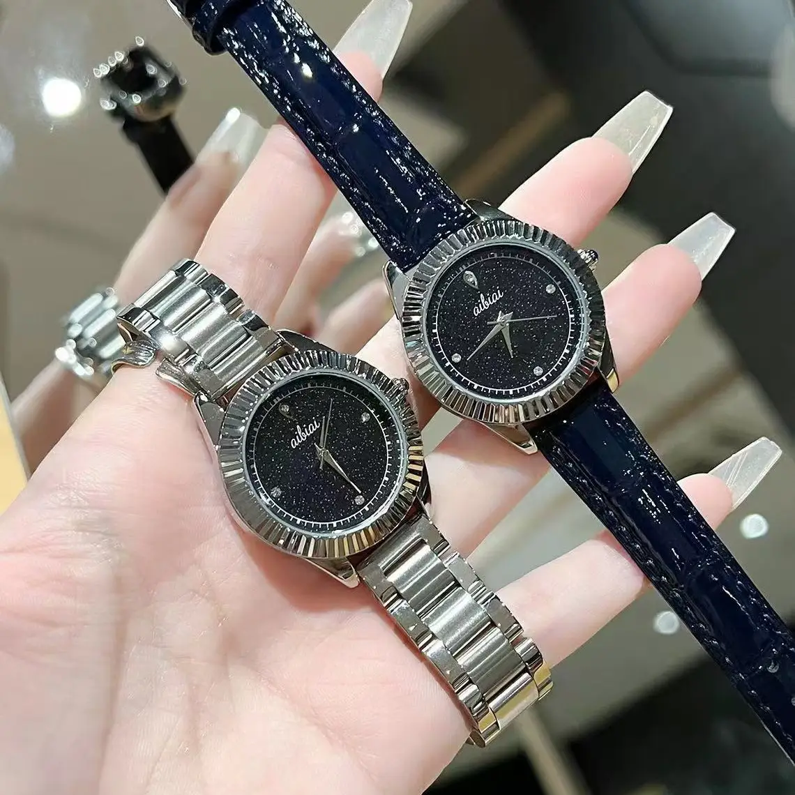 Women's Watch Starry Sky Deep Blue Leather Strap Large Dial Meteor Quartz