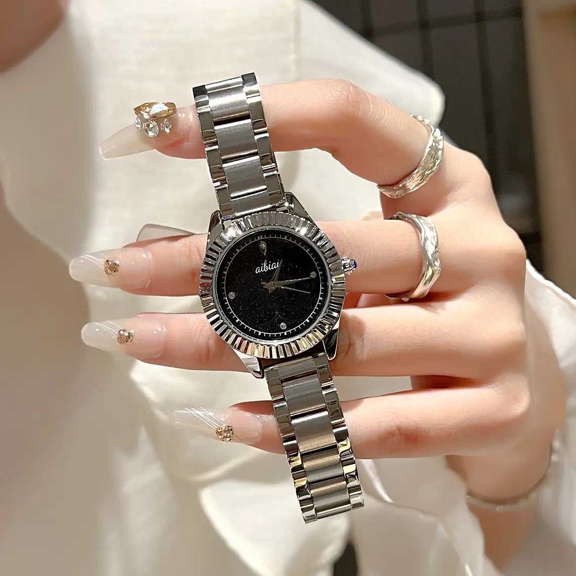 Women's Watch Starry Sky Deep Blue Leather Strap Large Dial Meteor Quartz