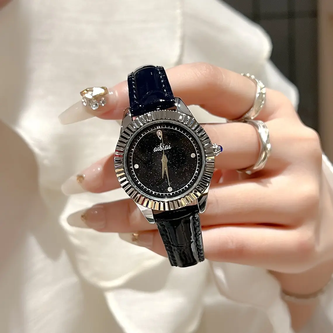 Women's Watch Starry Sky Deep Blue Leather Strap Large Dial Meteor Quartz