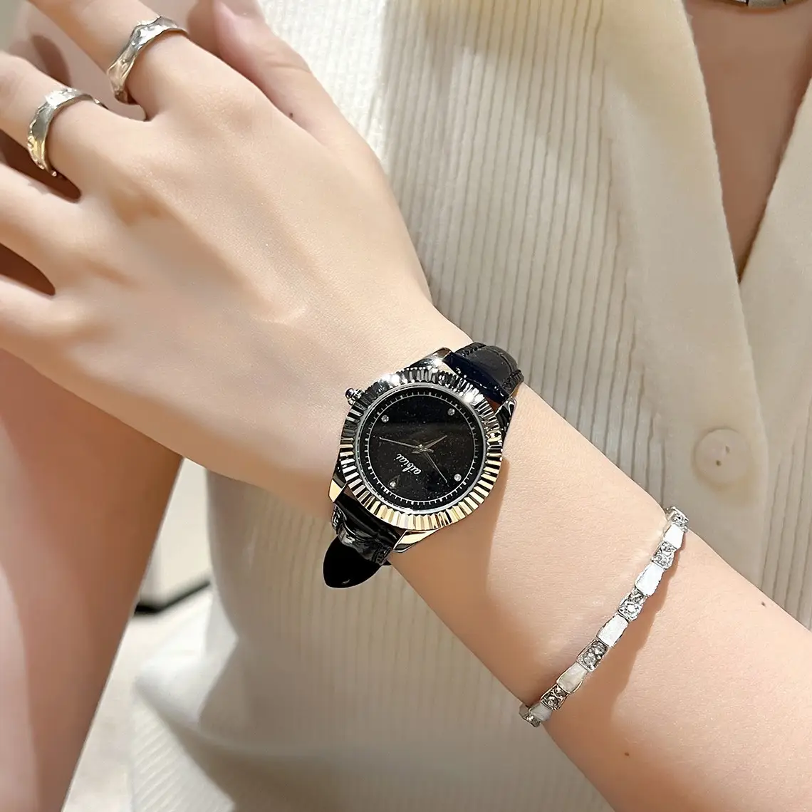 Women's Watch Starry Sky Deep Blue Leather Strap Large Dial Meteor Quartz