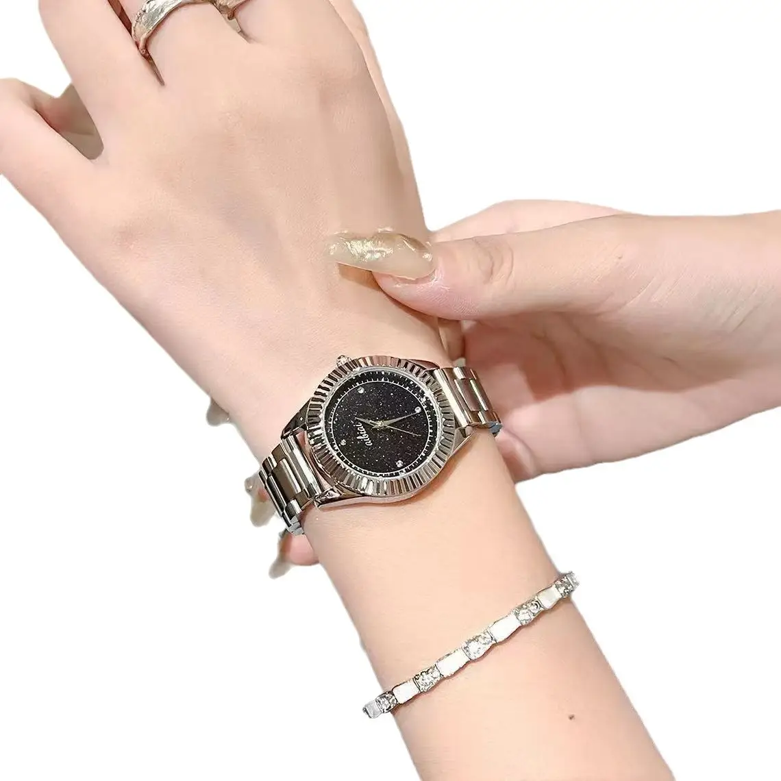 Women's Watch Starry Sky Deep Blue Leather Strap Large Dial Meteor Quartz
