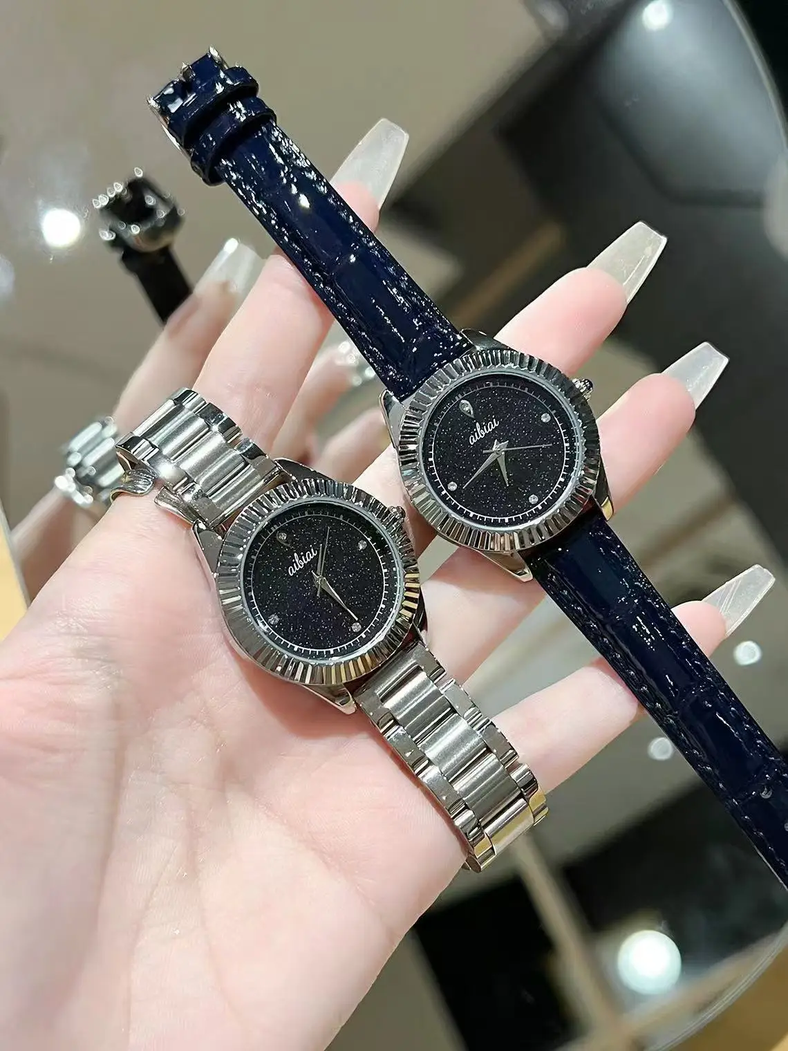 Women's Watch Starry Sky Deep Blue Leather Strap Large Dial Meteor Quartz — feature 1