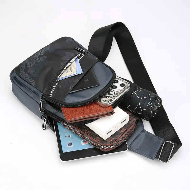 Men's Black Oxford Crossbody Bag with Zipper Pocket