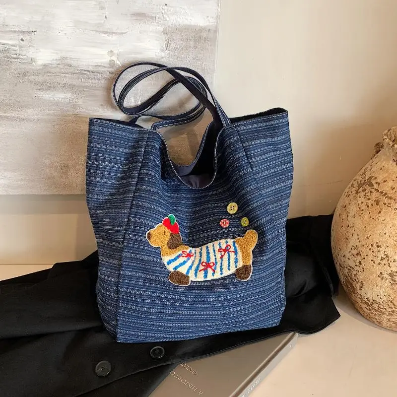 Women's Blue Striped Denim Dog Embroidered Tote Bag - Image 2