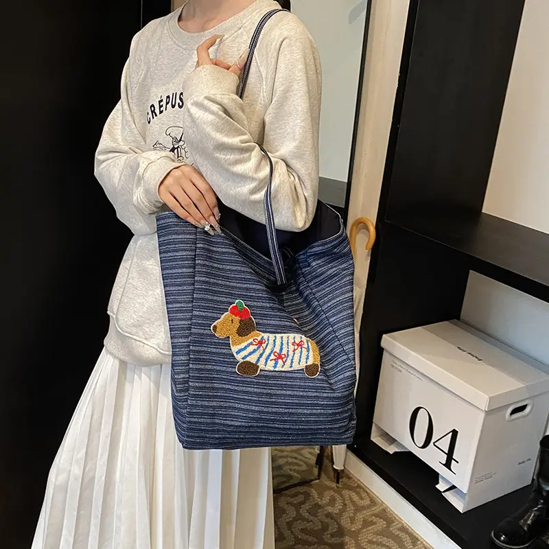 Women's Blue Striped Denim Dog Embroidered Tote Bag - Image 3