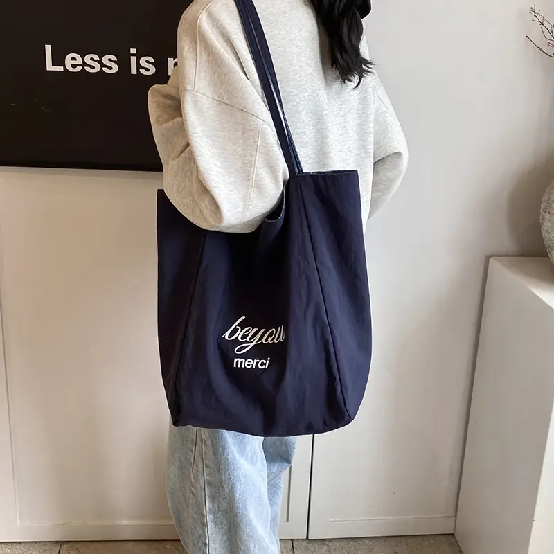 Women's Blue Striped Denim Dog Embroidered Tote Bag - Image 4