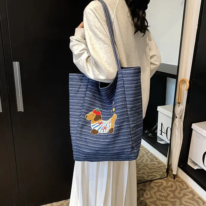 Women's Blue Striped Denim Dog Embroidered Tote Bag - Image 5