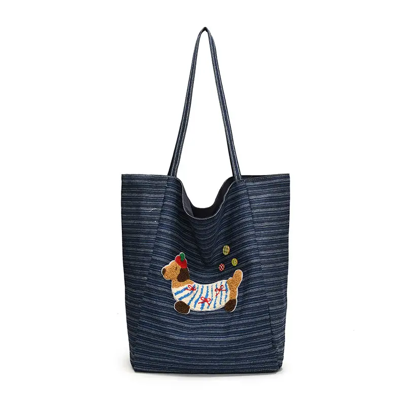 Women's Blue Striped Denim Dog Embroidered Tote Bag - Image 6