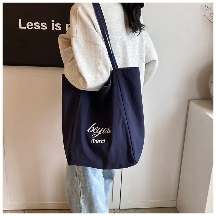 Women's Blue Striped Denim Dog Embroidered Tote Bag — feature 10