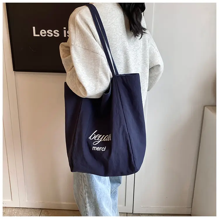 Women's Blue Striped Denim Dog Embroidered Tote Bag — feature 11