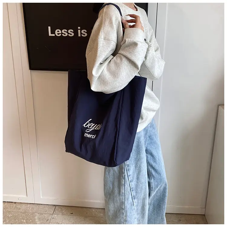 Women's Blue Striped Denim Dog Embroidered Tote Bag — feature 12