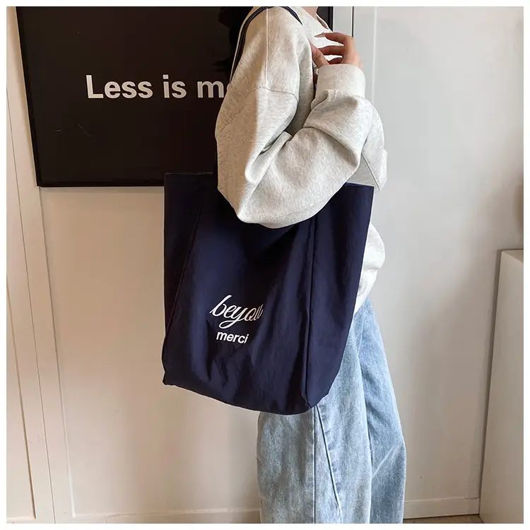 Women's Blue Striped Denim Dog Embroidered Tote Bag — feature 13