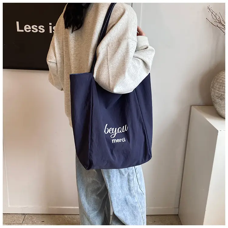 Women's Blue Striped Denim Dog Embroidered Tote Bag — feature 14