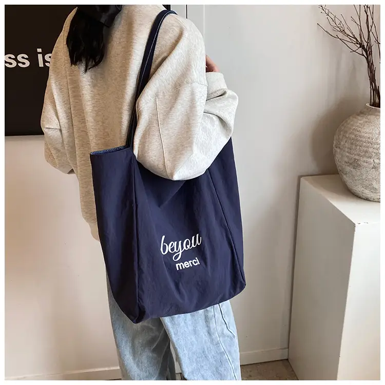 Women's Blue Striped Denim Dog Embroidered Tote Bag — feature 15