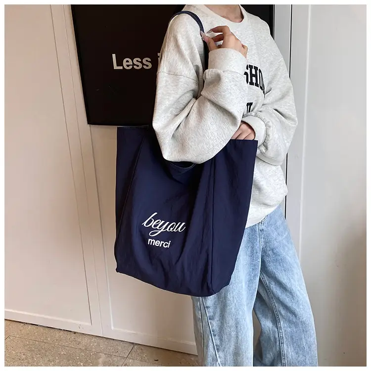 Women's Blue Striped Denim Dog Embroidered Tote Bag — feature 16