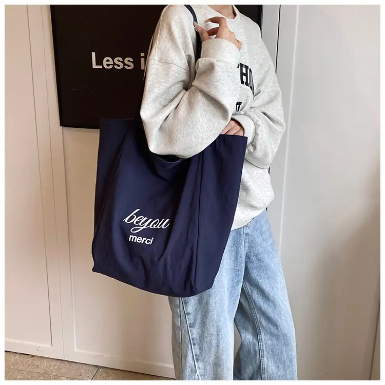 Women's Blue Striped Denim Dog Embroidered Tote Bag — feature 17