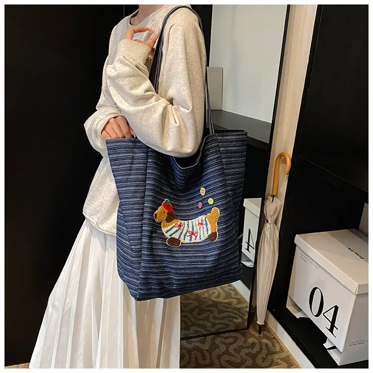 Women's Blue Striped Denim Dog Embroidered Tote Bag — feature 18