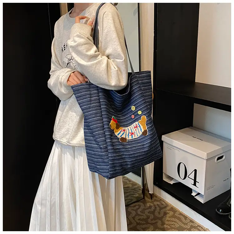 Women's Blue Striped Denim Dog Embroidered Tote Bag — feature 19
