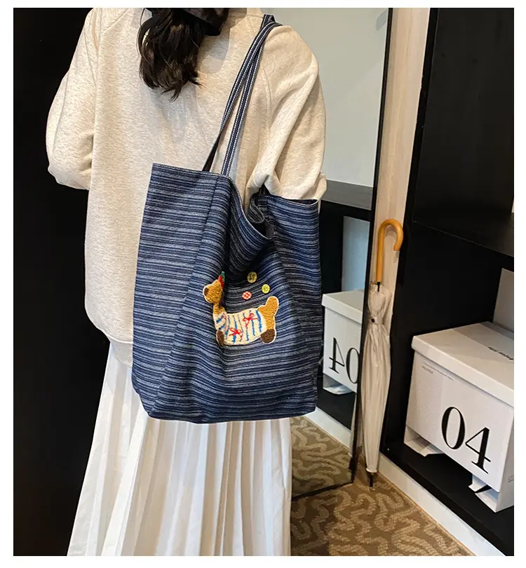 Women's Blue Striped Denim Dog Embroidered Tote Bag — feature 2