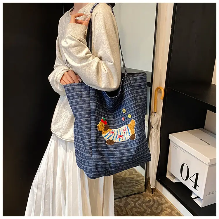Women's Blue Striped Denim Dog Embroidered Tote Bag — feature 20