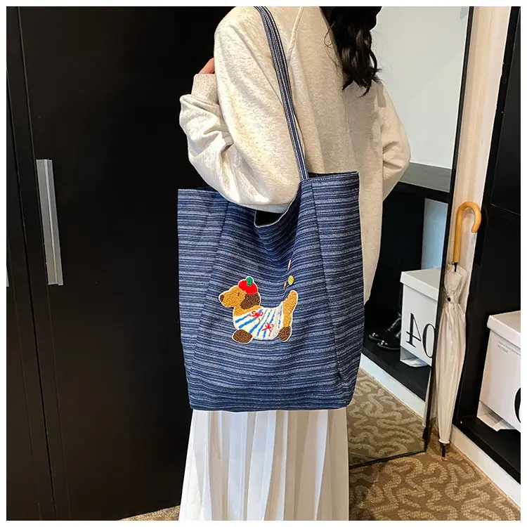 Women's Blue Striped Denim Dog Embroidered Tote Bag — feature 21