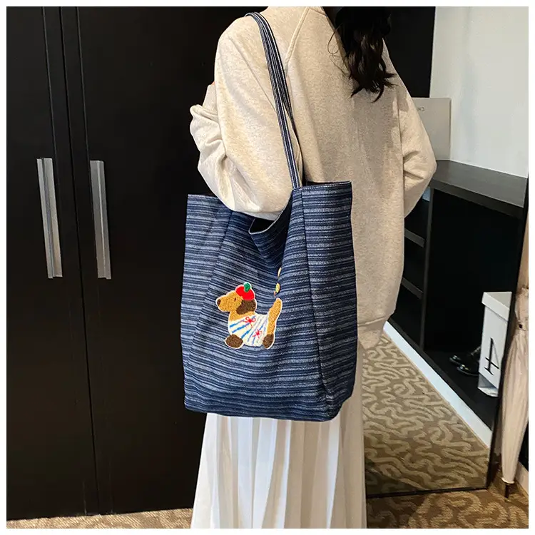 Women's Blue Striped Denim Dog Embroidered Tote Bag — feature 22