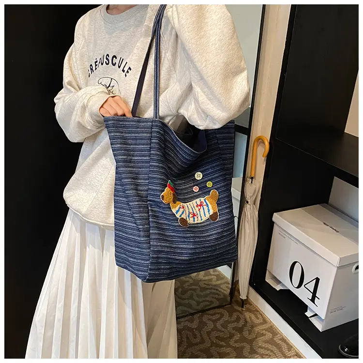 Women's Blue Striped Denim Dog Embroidered Tote Bag — feature 23