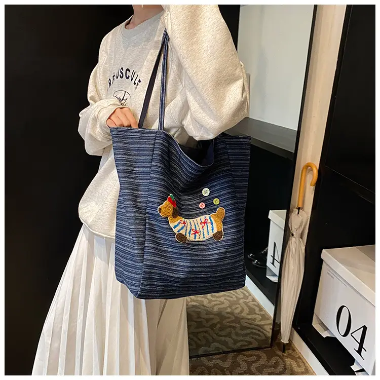 Women's Blue Striped Denim Dog Embroidered Tote Bag — feature 24