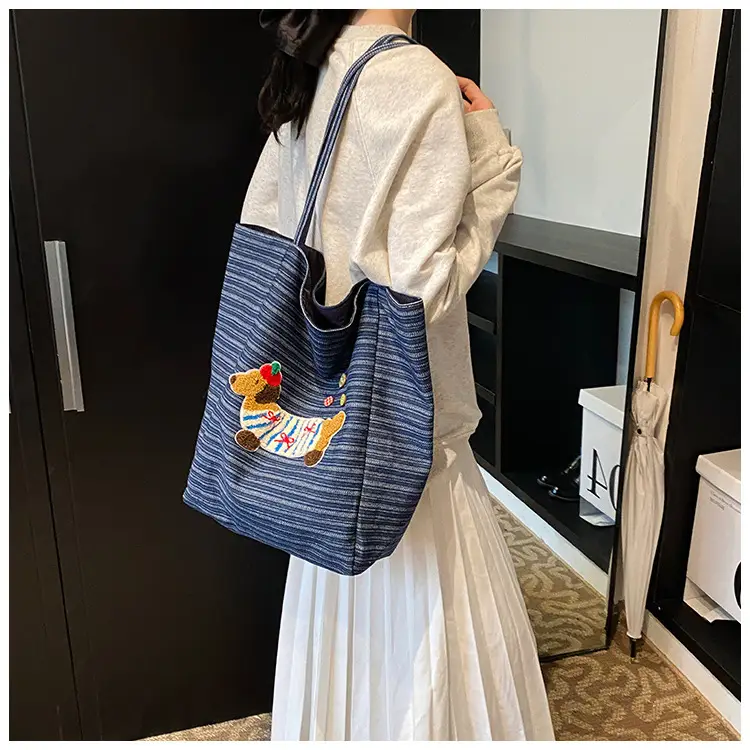 Women's Blue Striped Denim Dog Embroidered Tote Bag — feature 25