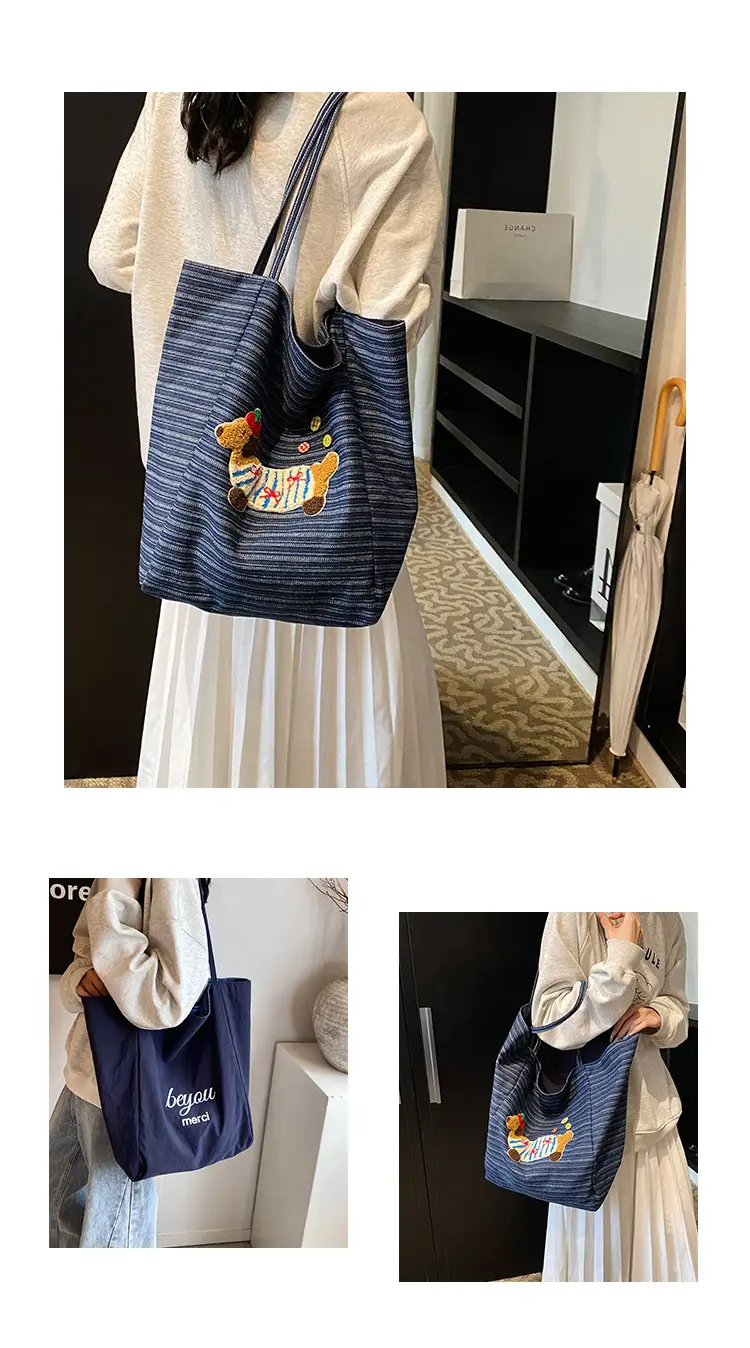 Women's Blue Striped Denim Dog Embroidered Tote Bag — feature 5
