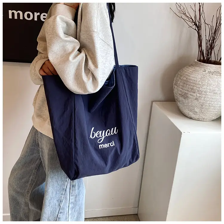Women's Blue Striped Denim Dog Embroidered Tote Bag — feature 8